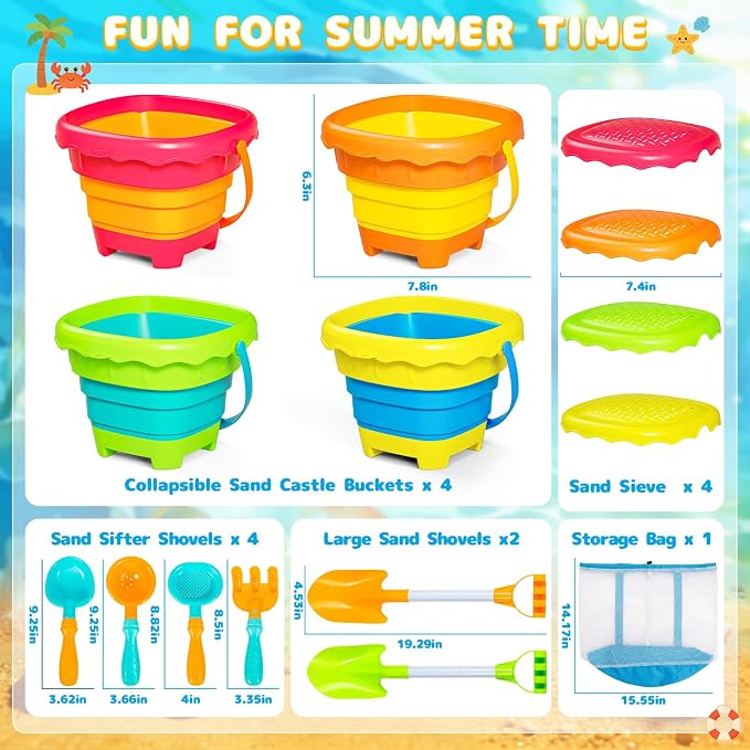 Letapapa Beach Sand Toys for Kids, Travel Sand Toys with 4 Collapsible Beach Buckets, Sifter Shovels Set & Mesh Bag, Beach Outdoor Sandbox Toys for Toddler Boys Girls 3 4 5 6 7 8 9 10 Year Old