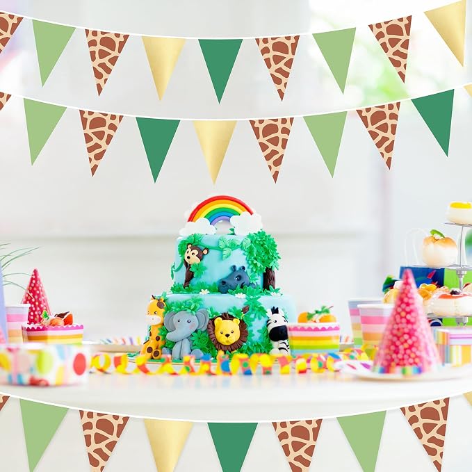 Tiamon 5 Pcs Safari Birthday Banner Decorations Giraffe Animals Green Jungle Wild One Pennant Bunting Printed Triangle Flag for Jungle Wild Baby Shower Zoo Giraffe Birthday Party Decor Supplies