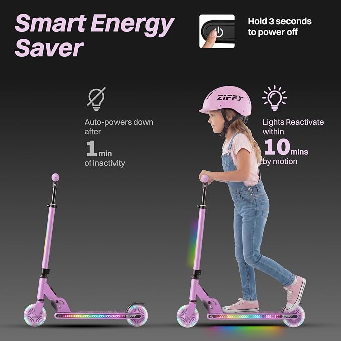 JOVA ZIFFY Light Up Scooter for Kids 3-12, 2 Wheel Foldable Kids Kick Scooter, 3 Adjustable Height, ABEC-7 Bearing with 4'' PU Wheels, Rear Foot Brake, Gift for Boys& Girls (Up to 110lb)