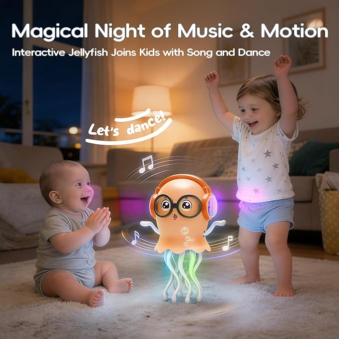 GONINO DJ Dancing Jellyfish Baby Toys, Musical Crawling Tummy Time Toys with LED Light & Smart Obstacle Avoidance, 360° Spin Sensory Toys for Toddlers, Kids Toys Birthday Gifts for Boys Girls, Orange