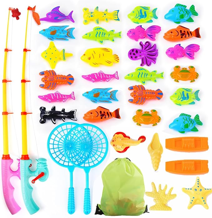 Magnetic Fishing Game - 36 Pcs Color Ocean Sea Animals Plastic Floating Fish with Pole Rod Net Storage Bag, Water Table Bathtub Game for Age 3 4 5 6 Year Kids Toddler, Bath Toys for Kids Ages 4-8