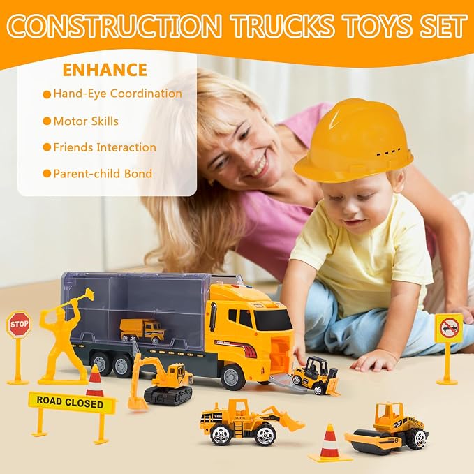 Toddler Construction Truck Vehicle Toy Set for 3 4 5 6 Years Old Boys with Play Mat, Die-Cast Car Carrier Truck for Kids Boys Girls Birthday Party Gifts