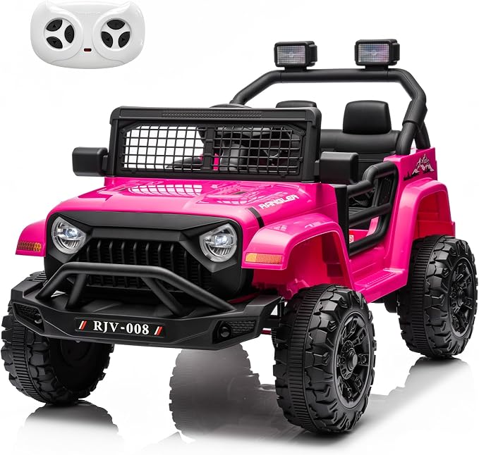 12V 7AH Kids Ride-On Truck Jeep, Electric Car with Parent Remote Control, Spring Suspension, LED Lights, Bluetooth, Music, Pink