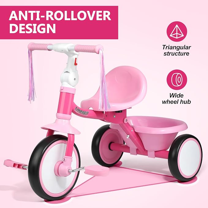 Liberry Foldable Toddler Tricycle Age 2 3 4 Years Old, Kids Trike with Adjustable Seat, Basket & Streamers, 3 Wheel Bike Riding Toy Birthday Gift for Girls Boys, Pink