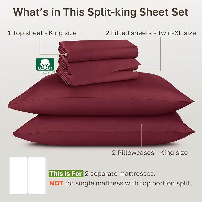 California Design Den Split King Sheets Set - Luxury Hotel 800 Thread Count Sateen, Soft and Natural 100% Cotton Sheets, Deep Pockets for a Snug Fit, Durable Bedding Set - Red Wine