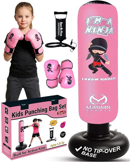 Marwan Sports Ninja Kids Punching Bag — Inflatable Sensory Toy & Birthday Gift for Boys & Girls Ages 4-12, 63" Freestanding 5-in-1 Kit, Indoor Apartment-Quiet Sensory-Friendly Active Play