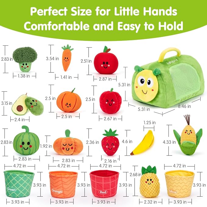 hahaland Montessori Toys for 1 Year Old - 17 PCS My First Fruit Vegetable Sensory Toys Color Sorting Plush Play Food with Caterpillar Storage Bag, 6 9 Month Old Baby Toys 6-12 Months One Year Old Gift