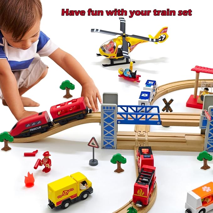Battery Operated Police Train for Wooden Train Tracks with Figures Kids Magnetic Wooden Trains Set for Toddlers Boys 3-5 4-8 (Without Battery and Tracks) (red)