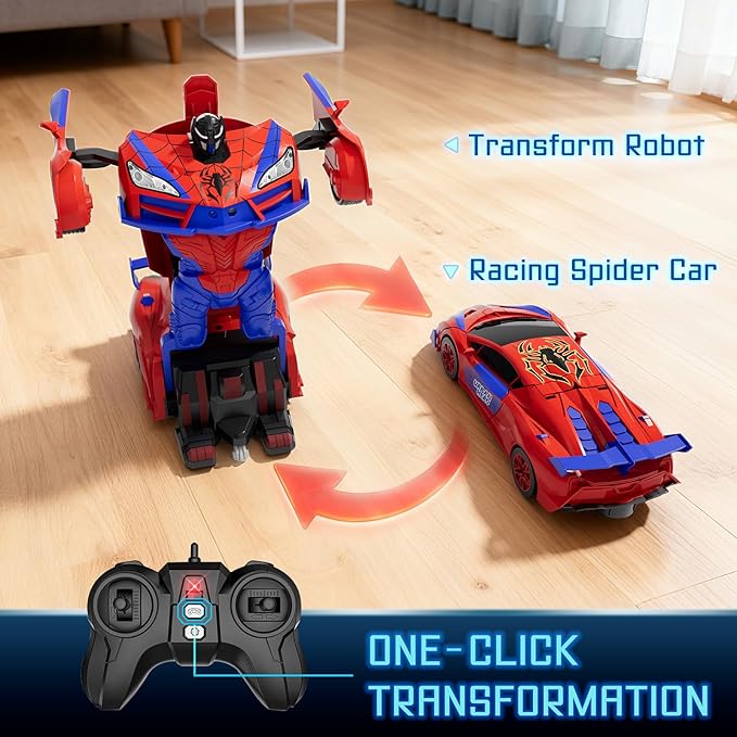 Qumcou Spider Toys for Boys 4-6, Remote Control Car, One-Button Transform Superhero Toys, 2.4Ghz RC Cars, 360° Spin,1:16 Scale, Shinning Red and Blue Light, Birthday Gifts for Boys, Boy Toys Age 6-8