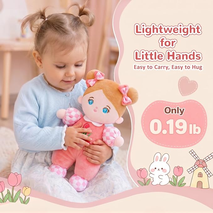 OUOZZZ Soft Baby Doll 10" Tulip Pink - First Birthday Toys for 1 Year Old Girl, Ideal 1 Year Old Girl Gifts & Baby Girl Gifts, Snuggle Buddy for Infants