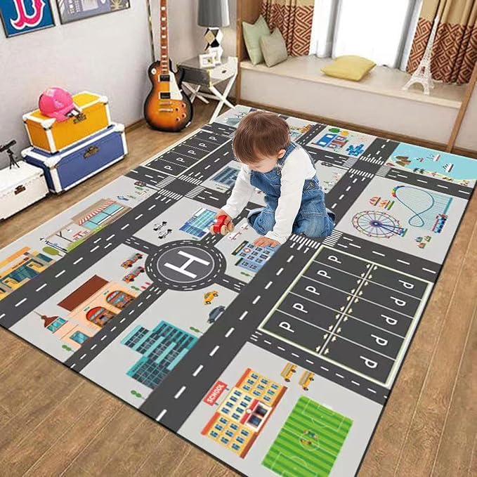 Kids Rug Play Mat Great for Playing with Cars and Toys,Educational Kid Road and Traffic City Life Carpet,Children Baby Fun Throw Rug for Bedroom Play Room,55X79Inch/140X200CM
