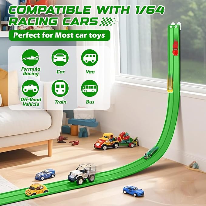 Flexible Race Car Track 15 Ft Starter Set with Suction Cups Compatible with and Diecast 1/64th Car for Ages 3 & Up Classic Green Double Track Long Rolls Up Portable Racetrack Birthday Gifts