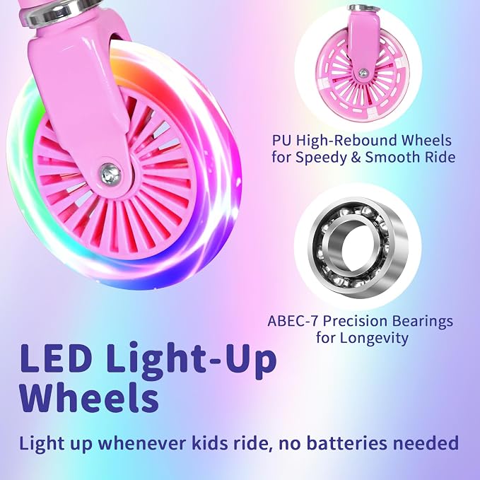 BELEEV V3 Scooter for Kids with Light-Up Wheels & Stem & Deck, 2 Wheel Folding Scooter for Girls Boys, 4 Adjustable Height, Lightweight Kick Scooter with Handy Kickstand for Children Ages 3-12