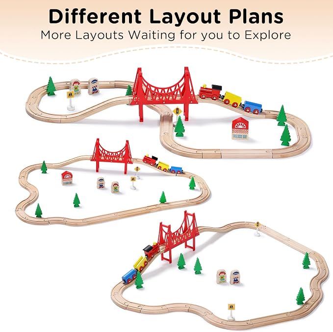 SainSmart Jr. Wooden Train Set for Toddler - Double-Side Wooden Tracks Fits Brio, Thomas, Melissa and Doug - Expandable, Changeable-Kids Wood Toy Train for 3,4,5 Year Old Boys and Girls