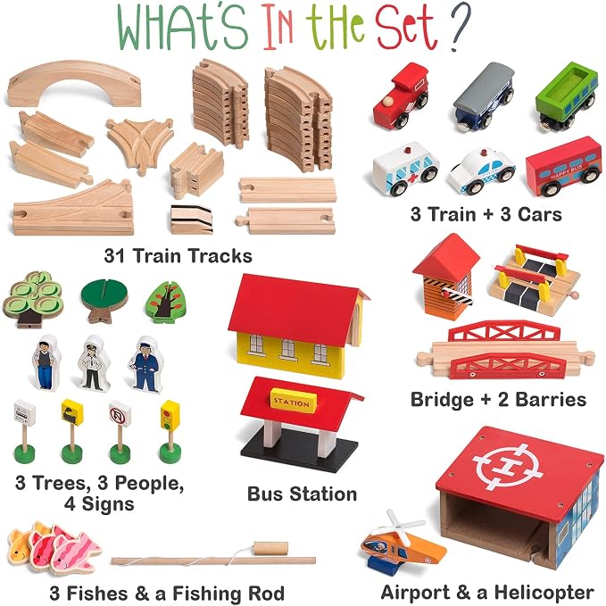 KipiPol Wooden Train Set - 69 Pieces Wooden Train Tracks & Trains for Kids, Toddler Boys and Girls 3,4,5 Years Old and Up– Premium Wood Construction Toys -Fits Thomas, Brio, IKEA, Melissa and Doug