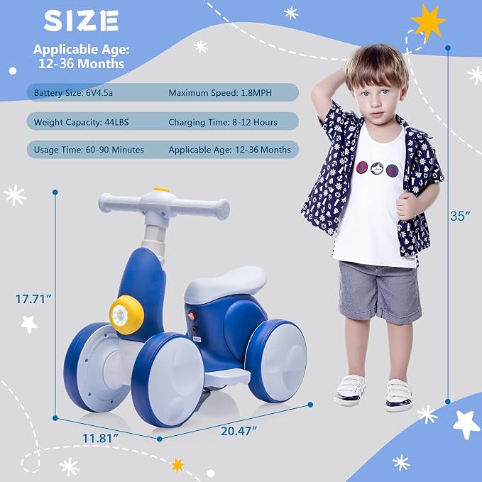 JoyRydz 6V Electric Baby Balance Bike with Bubble Machine,4 in 1 Toddler Balance Bike w/Remote Control for 1 Year Old Boys Girls Kids Bubble Bike Ride on Toys w/Powered Motor,Music,LED Lights (Blue)