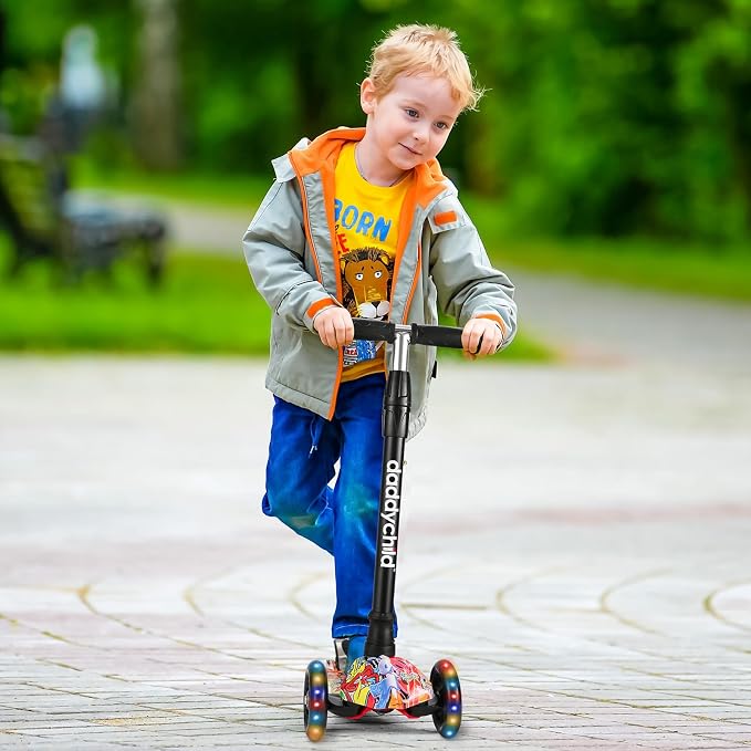 Kids Kick Scooter, 3 Wheeled Scooter for Kids, Child/Toddlers Toy, Adjustable Height, Anti-Slip Deck, Flashing Wheel Lights, for Boys/Girls 3-12 Year Old