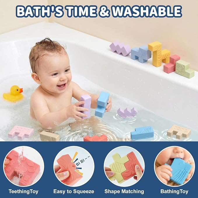 10 Soft Animal Stacking Blocks for Babies 6-12 Months, Montessori Toys for 1 2 Year Old Girls & Boys, Building Blocks Game Teething Toys for Babies Birthday Gifts, Shapes & Colors