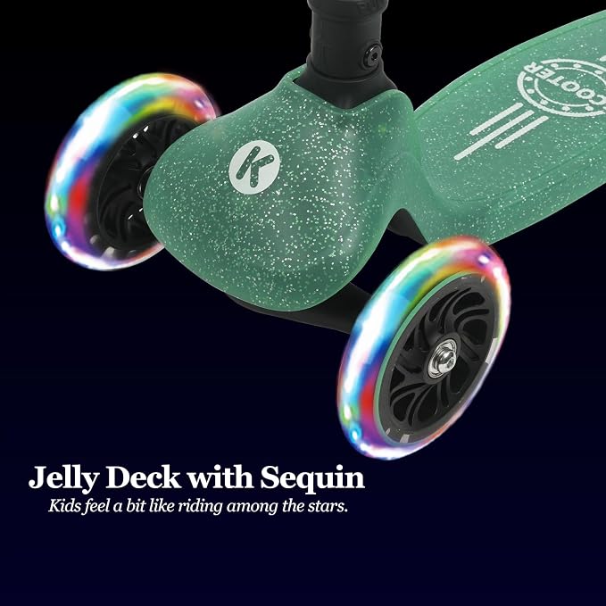 Kicknroll Kids Scooter Light Up 3 Wheel Toddler Kick Scooters with Jelly Glitter Anti-Slip Deck and LED Wheels, 4 Adjustable Heights, Foldable, Lean-to-Steer Design for Girls & Boys 3-12 Max 110 Lbs