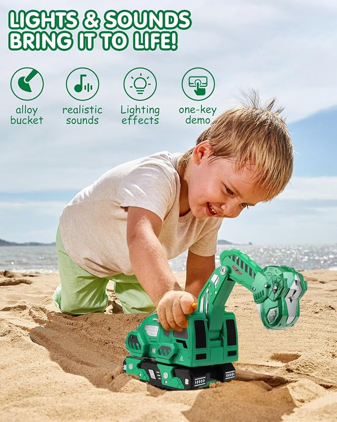 Remote Control Excavator Toys for Boys 4-7, Construction Trucks 2.4GHz RC Excavator with Light and Sound, Dinosaur Toys for Kids 3-5, Christmas Birthday Gifts for Kids (Green)