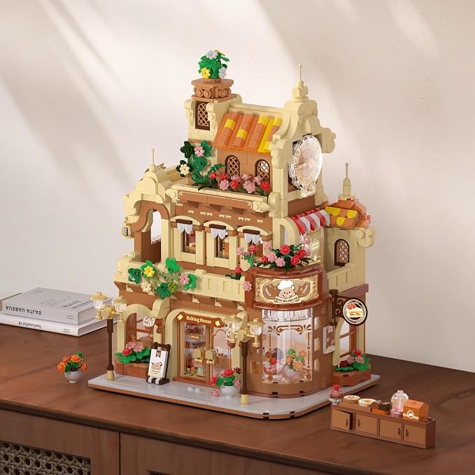INSOON City Bakery Cafe House Building Set with Light, 1289 PCS Baking Shop Building Block Toy with Coffee Cake Bread Bakery Room, Pastry Construction Model for Adults Teens Kids Boys Girls Ages 8-12+