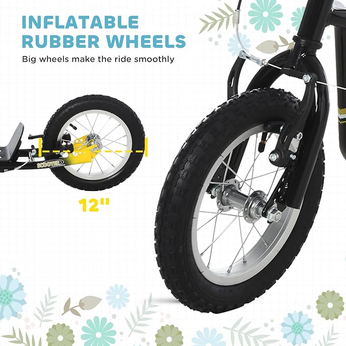 Aosom Kick Scooter with Dual Caliper Brakes, Big Wheels Kick Scooter for Ages 5+, 12-Inch Inflatable Front Wheel, Max Load 220lbs