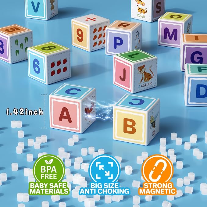 Large Magnetic Blocks for kids ages 4-8-Toddler Toys,30pcs Big Magnet Building Blocks, STEM Sensory Travel Printed Montessori Toys for Boys&Girls, Learning Construction Magnetic Cubes for Gift