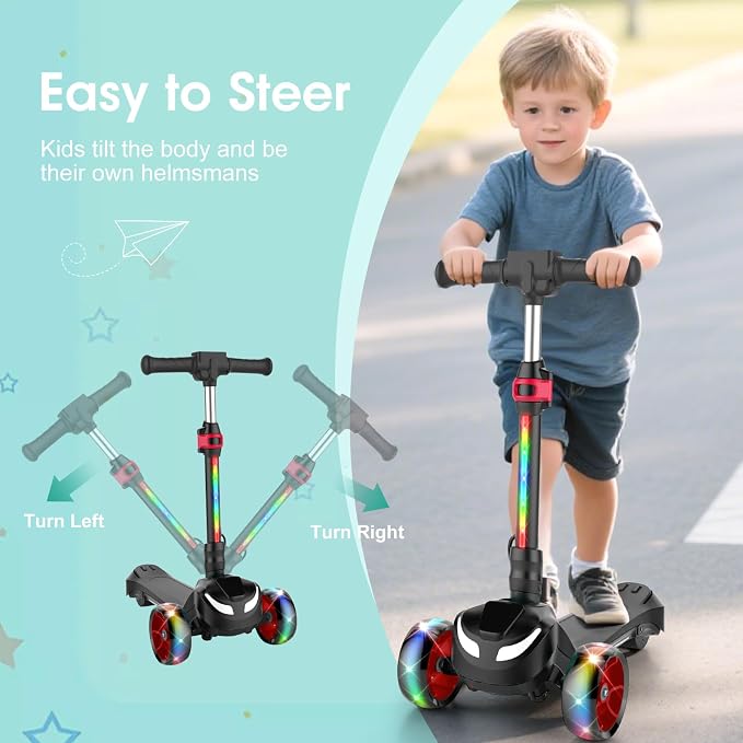 Electric Scooter for Kids Ages 3-8, 3 Wheels Electric Scooter, Electric Kick Scooter with 2 Speeds, Long Battery Life, Flashing LED Wheels, Adjustable Height, B2 with Bluetooth Music for Boys/Girls