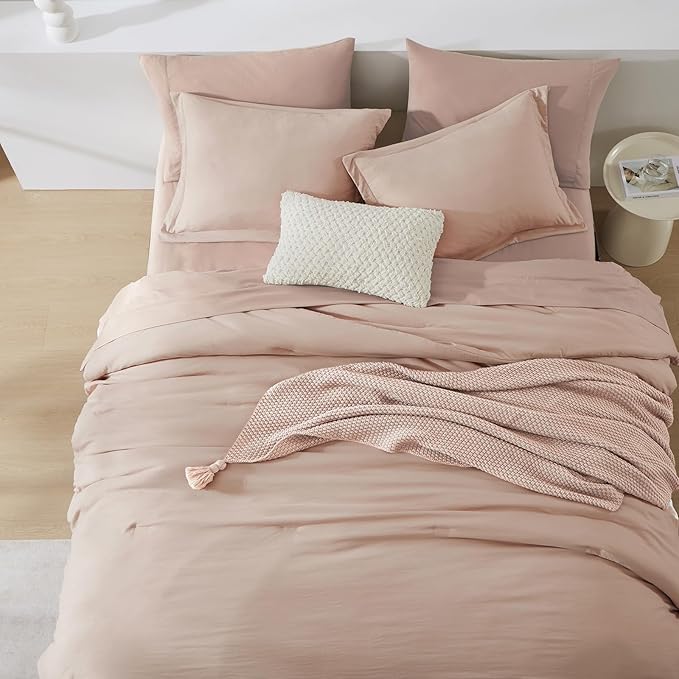WRENSONGE King Comforter Set, 7 Pieces Clay Pink Soft Bed in a Bag King with Fitted Sheet, Flat Sheet, 2 Pillow Shams, and 2 Pillowcases- Warm Bedding Set for All Season