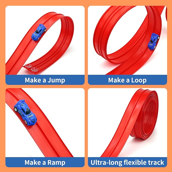 20ft Build Anywhere Portable Race Track with Suction Cups - Flexible Roll-Up Design Fits 1/64 Scale Cars, Portable Toy Gift for Kids 4+ Year Old