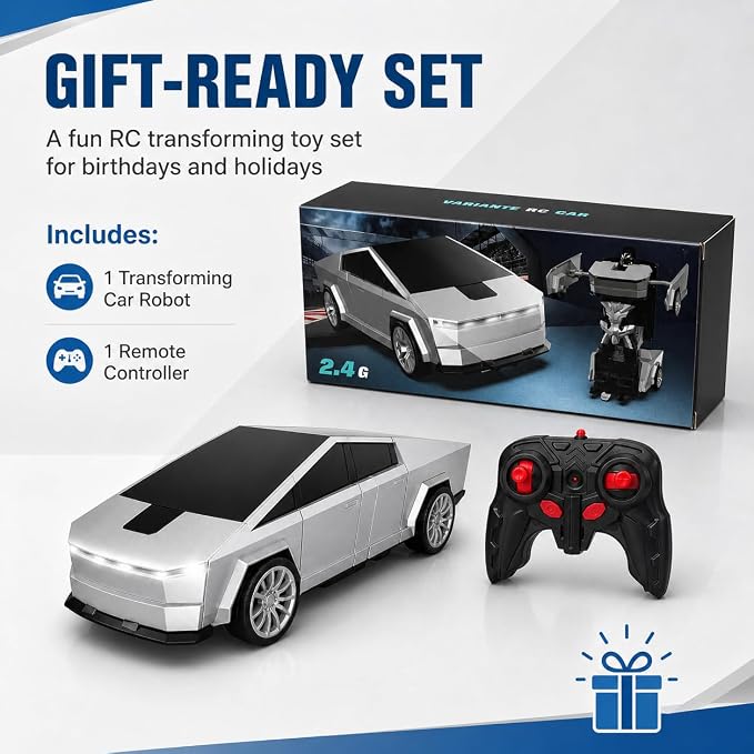 Transformer RC Car, 2-in-1 Transforming Robot Car Toy, 2.4GHz Remote Control Cyber RC Truck, 360° Rotating Drift Stunt Car, Rechargeable Toy Gift for Boys Ages 4-12