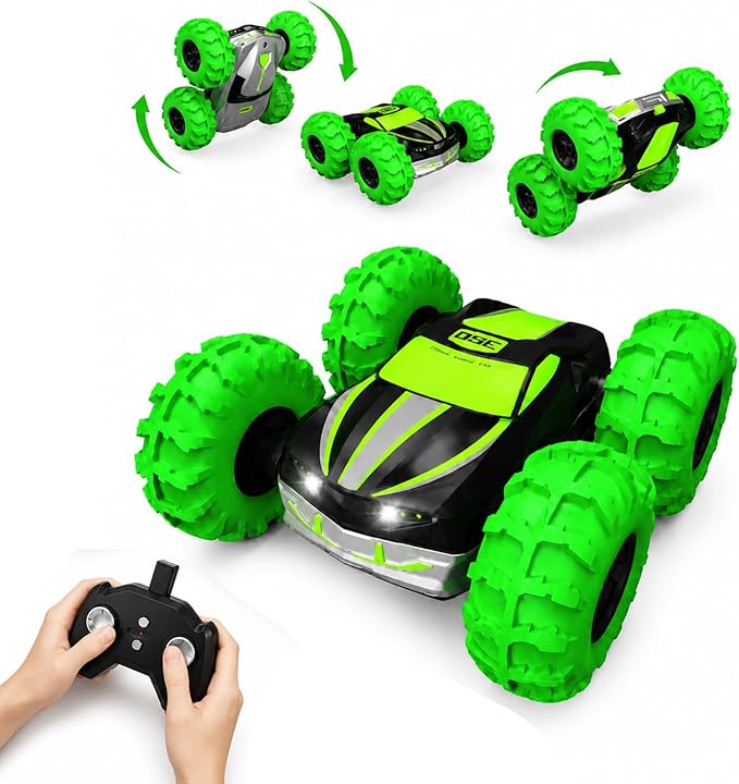RC Stunt Car for Kids & Dog Chase Fun, 4WD Remote Control Car with Inflatable Bounce Tires, 360° Flips & Spins, Double-Sided Driving, LED Lights, Outdoor Backyard Toy, Gift for Boys Girls