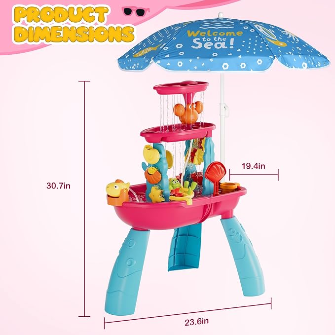 Kids Sand Water Table for Toddlers with Umbrella/Water Pumb, 3-Tier Outdoor Water Sand Play Table Beach Toys, Summer Splash Activity Sensory Table Party Birthday Gift for Kids 3 4 5 6 7 8(Red)