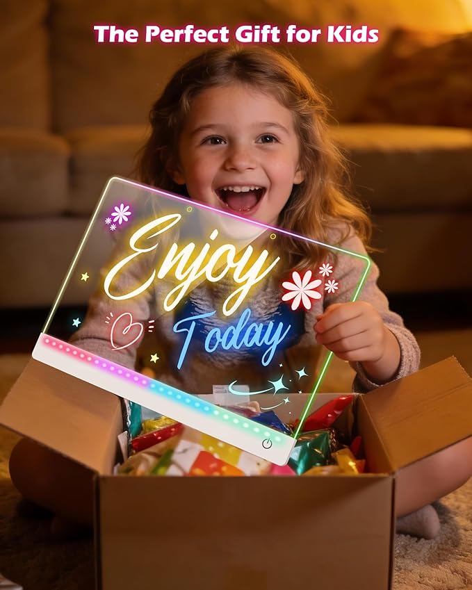 LED Drawing Board for Kids - 17" Flicker-Free Glow Doodle Drawing Pad with 11-Color Light Modes, Soft Light Dry Erase Note Board with Stand, Hanging Chain, 12 Markers, Gifts for Kids (1 PCS)