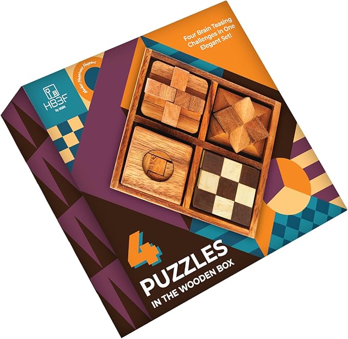 BSIRI 4 in 1 Wooden Brain Teaser Puzzles for Adults - Challenging 3D Desk Wood Puzzles Set Interlocking Hand Games for Mind Toys Suits for Rustic Patio Decor Unique Gift Office Decoration