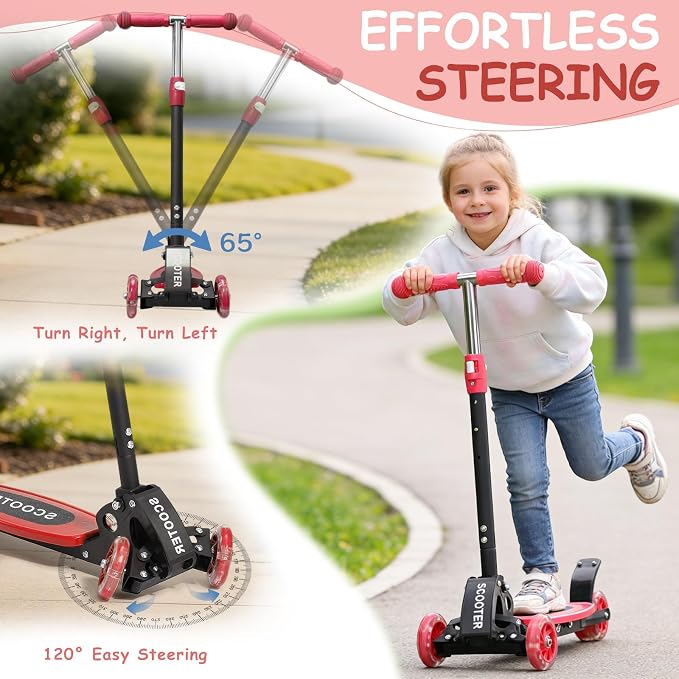 Toddler Scooter, 3 Wheels for Kids 2-7 Year Old LED Lighted, Folding Lean-to-Steer Kids Scooter with 3 Adjustable Handlebar for Boys Girls, Blue