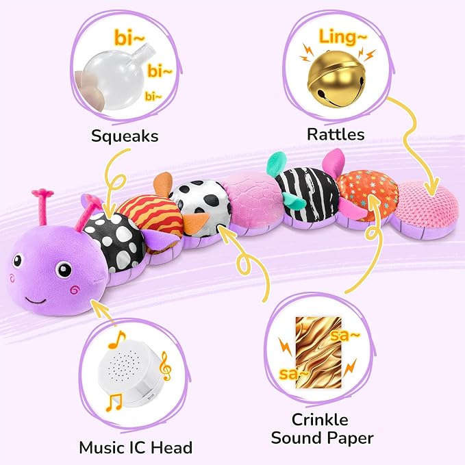 AWOTOY Baby Toys 6-12 Months Music Caterpillar,Stuffed Animals Infant Toys 0-3-6 Months,Baby Sensory Toys Tummy Time with Crinkle Rattle Teething Toys for Boys Girls Gifts Birthday|Lavender Purple
