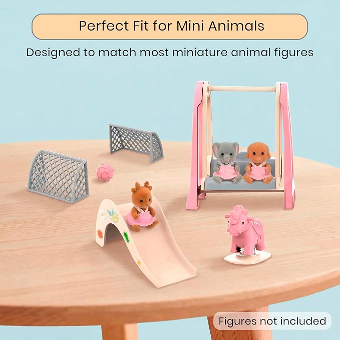 Family Dollhouse Accessories — Mini Playground Set with Swing & Slide, Rocking Horse, Soccer Goals, Screen-Free Add-On — Miniature Dollhouse Playset for Ages 3+