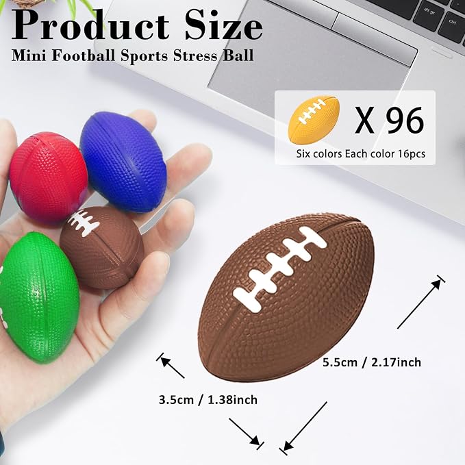 Oleitodh 96 Pcs Mini Football Sports Stress Ball Bulk Colorful Foam Sports Ball Kids Adults Football Sports Party Favor Ball Small Relaxable Balls for School Carnival Reward Party Bag Gift Fillers
