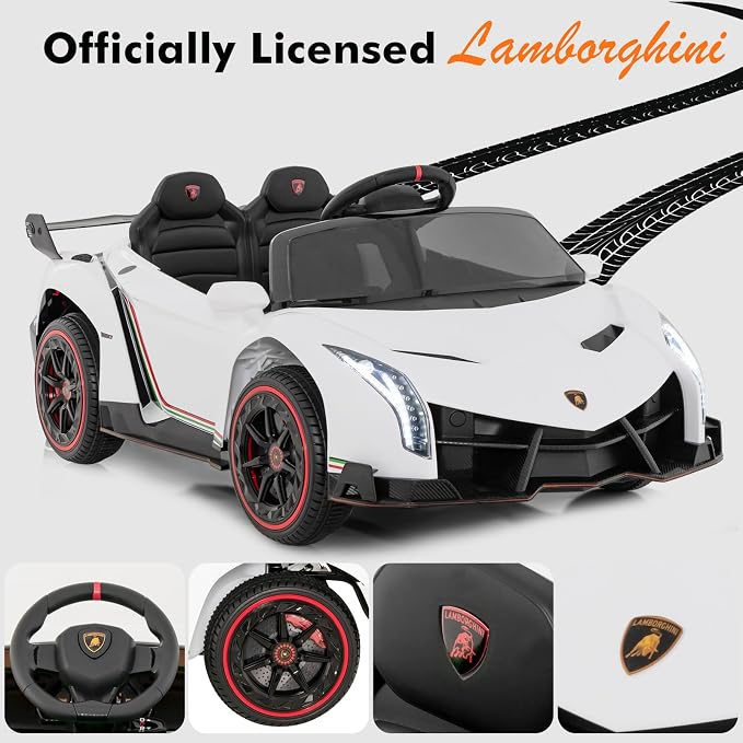 INFANS 2 Seater Kids Ride on Car, 12V 4WD Licensed Lamborghini Veneno Powered Electric Vehicle with Hydraulic Doors, Rocking Mode, Adjustable Speeds, Remote Control, MP3, Headlight (White)