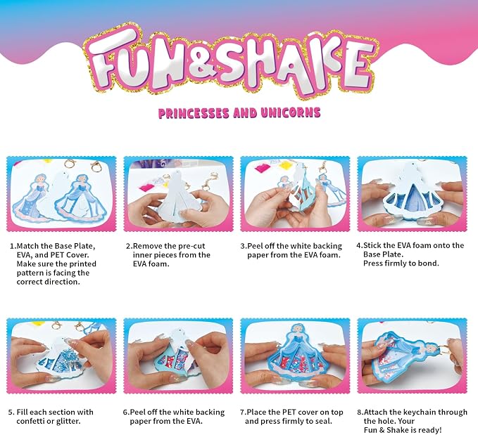 MZYTOZA Fun & Shake DIY Glitter Craft Kit with Keychains for Kids,Unicorns and Princesses Art & Craft Activity,Creative Travel Toy, Party Favors & Valentine's Gift for Ages 4-9