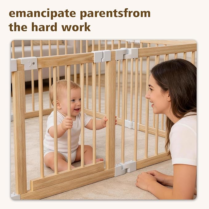 Baby Playpen, 56 * 56 * 24 inches Wooden Play Yard with Gate, Playpen for Babies and Toddlers, Baby Activity Center with Child-Proof Lock, Fence Play Area for Toddlers 6 to 36 Months