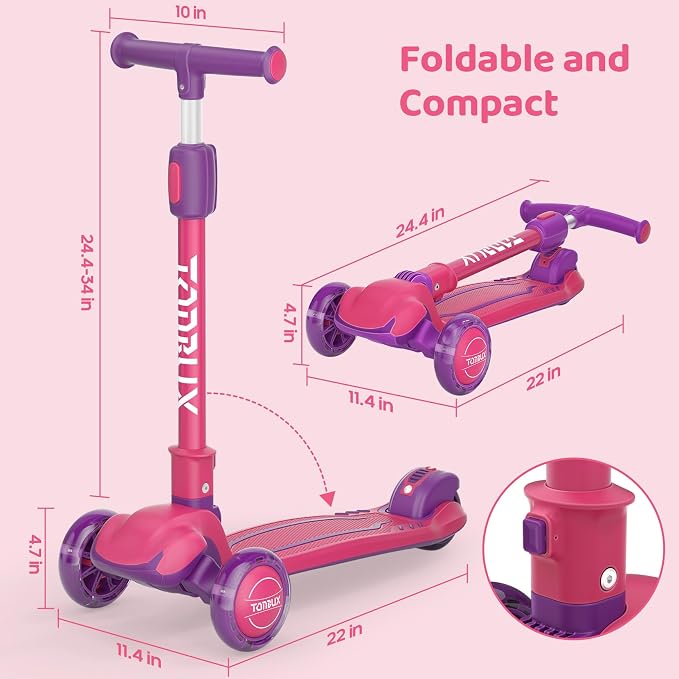 TONBUX Kids Scooter, Light Up 3 Wheel Kick Scooters for Kids 3-12, Folding Scooters with Adjustable Height - Toddler Scooter Lean-to-Steer & Widen Anti-Slip Deck