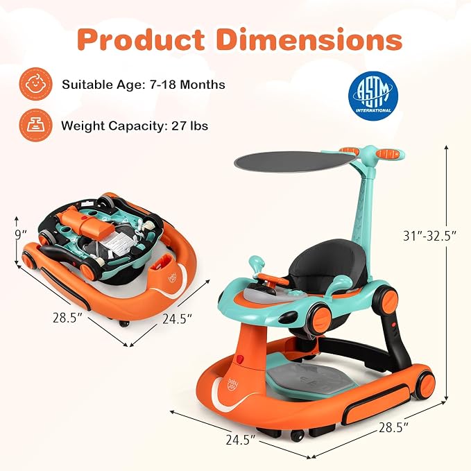 BABY JOY 7-in-1 Baby Walker, Foldable Baby Walker and Bouncer Combo with Handle, Adjustable Height & Speed, Music, Lights, Rocker/Push Mode, Baby Walker with Wheels for Boys Girls 7-18 Months (Orange)