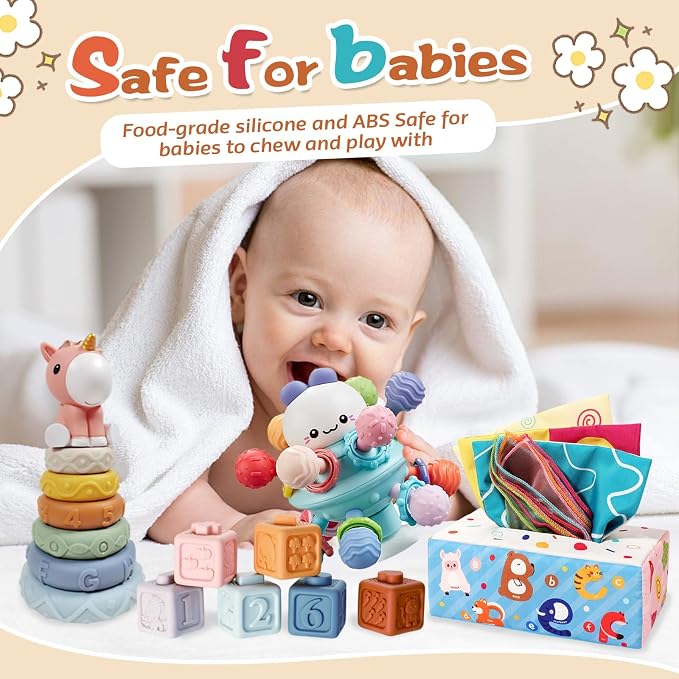 Montessori Toys for 6-12 Months, 4 in 1 Baby Toys for 6 Month Old | Soft Stacking Blocks, Baby Tissue Toy, Teething Toy, Fine Motor & Cognitive Skills, Montessori Toys for Babies 6-12-18 Months