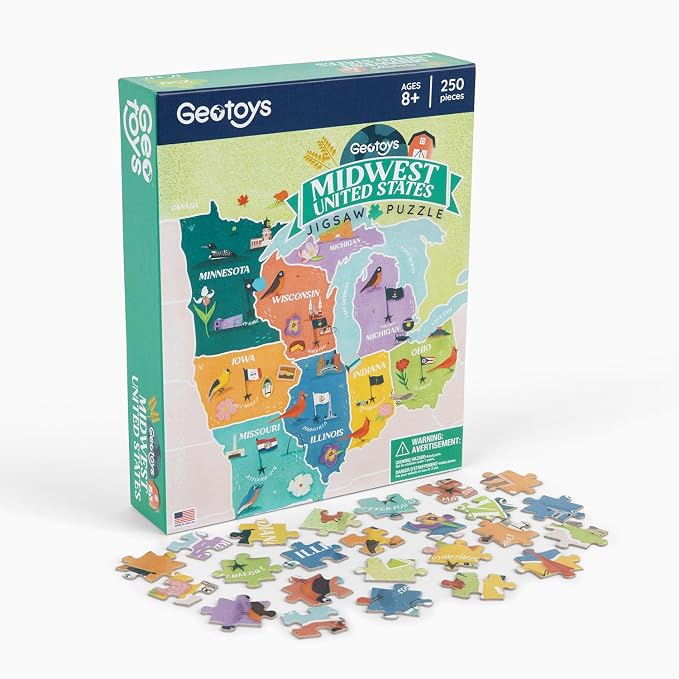 Geotoys Midwest Region Jigsaw Puzzle - Educational and Interactive Map Game - 250 Piece Puzzles - Jigsaw Puzzles for Kids Ages 8-12 - Kids Puzzle Games with Colorful Landmarks