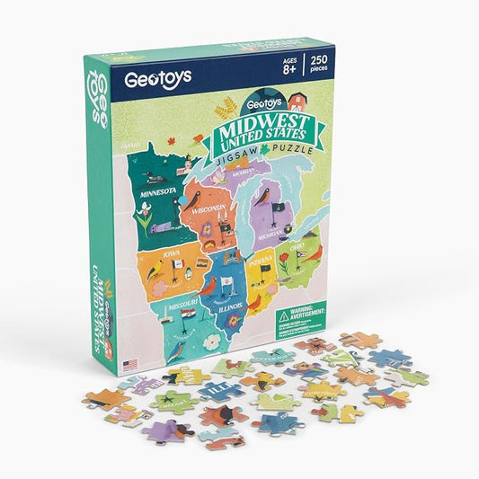 Geotoys Midwest Region Jigsaw Puzzle - Educational and Interactive Map Game - 250 Piece Puzzles - Jigsaw Puzzles for Kids Ages 8-12 - Kids Puzzle Games with Colorful Landmarks
