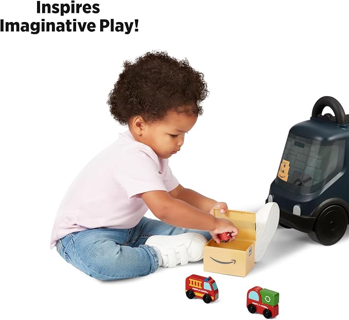 Radio Flyer Amazon Delivery Van, for Ages 2+, Ride and Deliver Truck for Kids, Under Seat Storage, Ergonomic Seat, Includes 3 Mini Boxes & 3 Wooden Toys, Toddler Ride On Toys, Amazon Exclusive