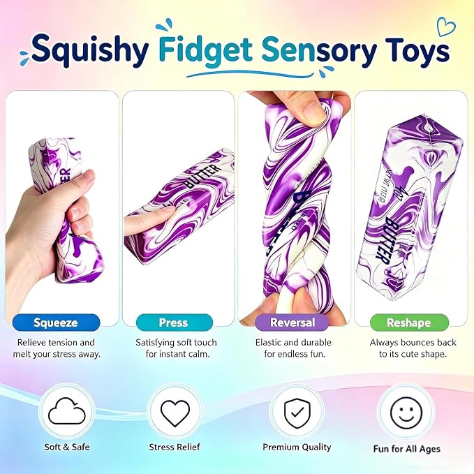 Butter Squeeze Toy 2PCS, Slow Rising Dumpling Squishy Butter Sensory Stress Relief Squishies Soft & Stretchy Fidget Toys for Anxiety Relief Party Favors (Rainbow D)