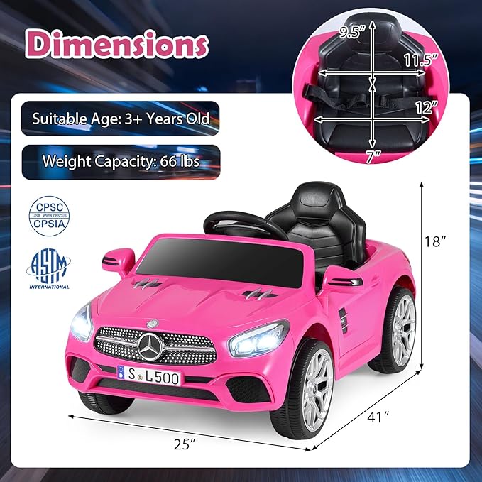 Costzon Ride On Car, 12V Licensed Mercedes Benz Electric Vehicles with Parent Remote Control, LED Headlights, Music & Wireless Connection, Kids Car for Boys Girls Aged 3-8 (SL500,Pink)